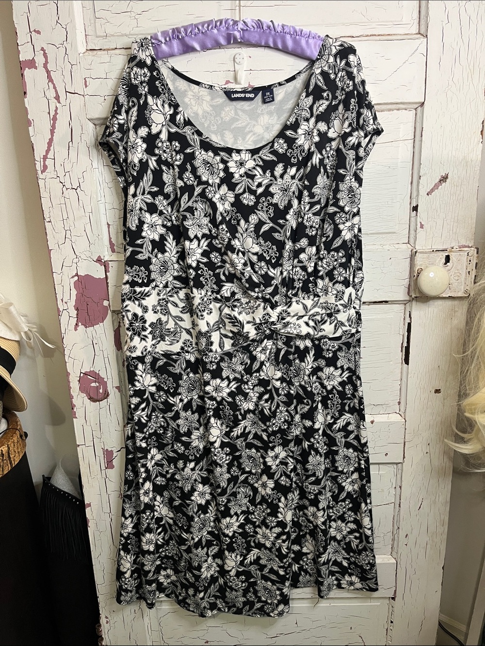 Lands' End Black & White Floral Tie-Waist Dress with Scoop Neck Cotton Blnd 2X